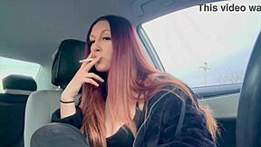 Italian Milf Artemisia Love Smokes Cigarette in Car While Flashing Big Nipples