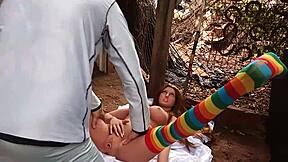 Latina babe uses dildo on her pussy outdoors