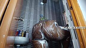 ebony nigerian couple fucks doggystyle standing in the shower, mara exotic style