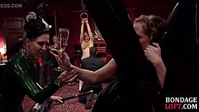 femdom applies spanking and bondage to sub in classy fetish trio