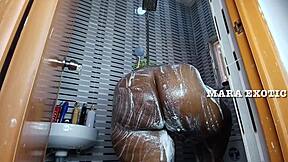 ebony nigerian couple fucks doggystyle standing in the shower, mara exotic style