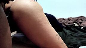 She can't talk and fuck at the same time with pierced nipples in bent over and missionary positions backstage