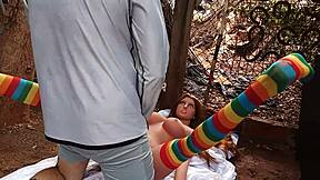 Latina babe uses dildo on her pussy outdoors