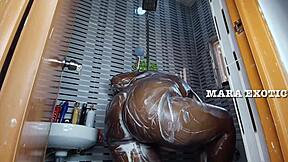 ebony nigerian couple fucks doggystyle standing in the shower, mara exotic style