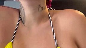 Sweaty blonde with small waist shows wet pussy at Copacabana gym