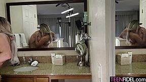 Blonde teen bent over in rough bathroom fuck