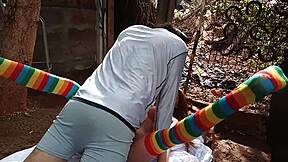 Latina babe uses dildo on her pussy outdoors