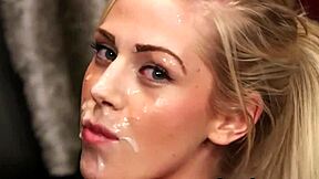 Slutty bombshell swallows cum from blowbang facial