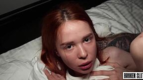 Drooling redhead feels rough cum in mouth with monster cock.