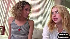 tiny babes jerk pov cock in threesome