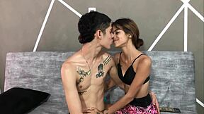 Tanned Miniskirt Babe Gets Hot Kisses and Tit Licks