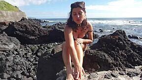 Foot fetish from my seductive stepmom on a public beach!