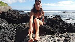 Foot fetish from my seductive stepmom on a public beach!