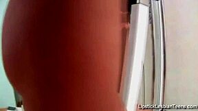 sexy brunette milf and her lesbian lover lick toys together