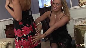 Blonde lesbian neighbor with big tits introduces sex toys