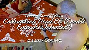 Granny Carmen Claus sucks head elf with sly intent