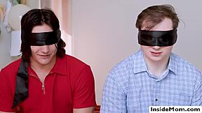 Two Milfs Blindfold Stepsons And Ride Their Dicks