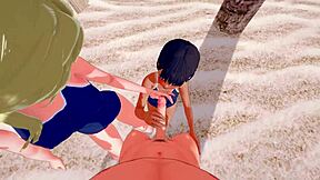 pov threesome with ushio and mio kofune summer time rendering porn, anal fucking on the beach with those teen 18+ asses, group action in 3d cartoon, assfucking so deep
