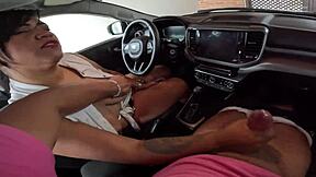 naughty driver jerks off in car