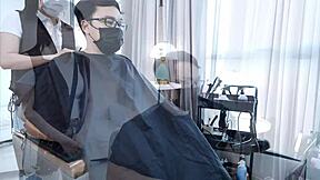 big ass barber girl gets horny with her customer, leading to ass licking and pussy play in the shop