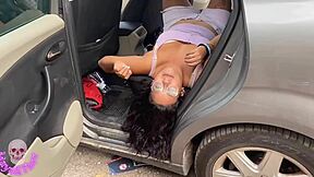 Brunette girlfriend fucked outdoor in public parking car