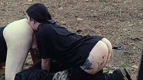 Submissive teen cutie eats ass and piss at roadside picnic before rough face fucking.