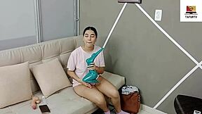 Alone at home masturbating until stepfather arrives for hard fucking