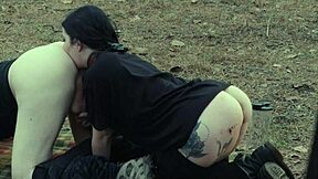 Submissive teen cutie eats ass and piss at roadside picnic before rough face fucking.
