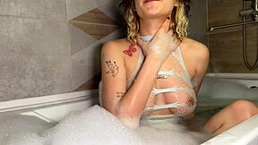 Relieving stress with solo masturbation in the bathroom after filming