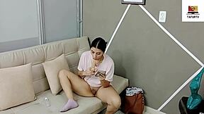 Alone at home masturbating until stepfather arrives for hard fucking