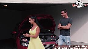 German horny housewife seduces younger man with her tits