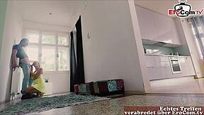 German horny housewife seduces younger man with her tits