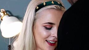 18-year-old blonde Ellie Shou takes hard pounding and swallows cum. Blue eyes shine!