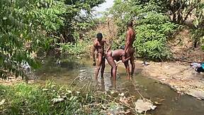 curvy ebony flashing outdoors, ready for devouring at the stream