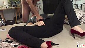 french amateur in green leather and satin corset gets spanked pov