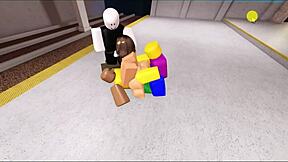 Roblox bitch fucked by three noobs. Intense gangbang with cumshot.