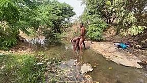 curvy ebony flashing outdoors, ready for devouring at the stream