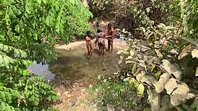 curvy ebony flashing outdoors, ready for devouring at the stream