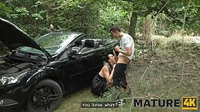 Mature brunette in high heels seduces young 18+ guy outdoors