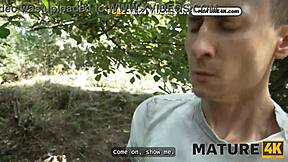 Mature brunette in high heels seduces young 18+ guy outdoors