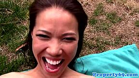 asian realtor drooling on client's cock outdoors?
