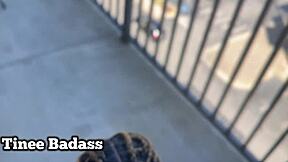 Tinee Badass Feels Intense Pleasure During Public Balcony Rimjob Before Rough Pounding.