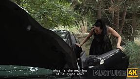 Mature brunette in high heels seduces young 18+ guy outdoors