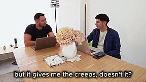 a hot young guy convinces his friend to pay the mute employee for a threesome, licking her pussy lips and double penetrating her muscular body in the living room while the stepmother sleeps