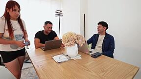 a hot young guy convinces his friend to pay the mute employee for a threesome, licking her pussy lips and double penetrating her muscular body in the living room while the stepmother sleeps