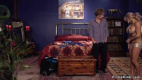 young dude roughly bangs tied busty milf with kinky choking and whipping.