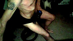 i use percussion massager on my thigh in underwear on stool in briefs