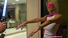 Watch this masked pervert get oiled tits fucked and cumshot