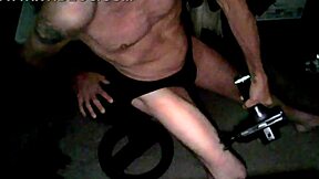 i use percussion massager on my thigh in underwear on stool in briefs