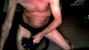 i use percussion massager on my thigh in underwear on stool in briefs